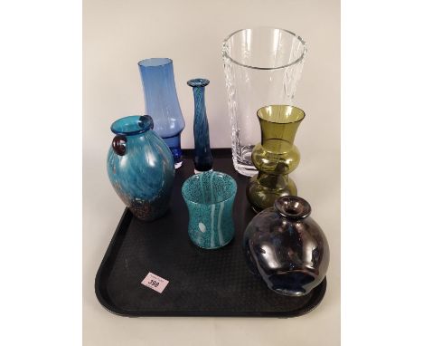 A purple Mdina 'Poppa' vase, a large clear glass vase plus five other coloured glass vases