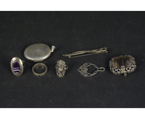 A mixed lot of silver and white metal jewellery including Blue John set ring, brooch, photo locket etc