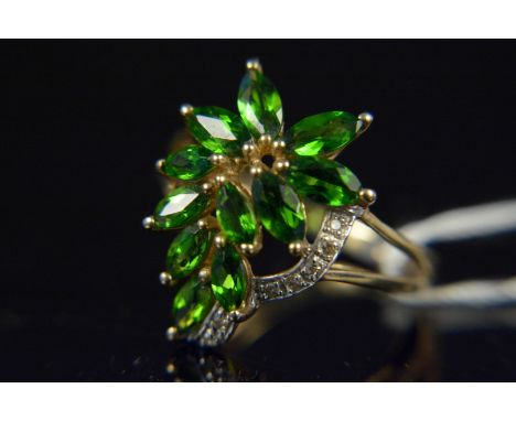 A 9ct gold diopside and diamond set ring of floral form, size M 1/2, weight approx 3g