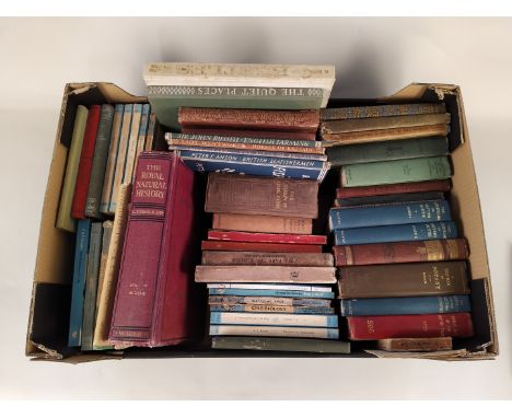 A box of vintage and antique natural history books, subjects including countryside, farming, bugs and butterflies, includes a