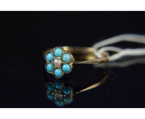 A 9ct gold turquoise and pearl set daisy ring, size L, weight approx 1.3g