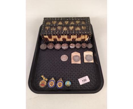 A vintage porcupine quill box and contents which include eight white metal screw stoppers with prize places on top, two hallm