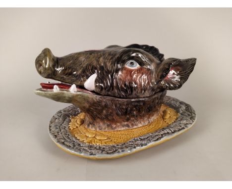 A large vintage Portuguese Majolica boars head tureen on stand with ladle, base measures 41 1/2cm long and head is 37cm, no d