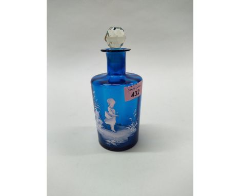 A late 19th Century blue glass spirit decanter with Mary Gregory style white enamel decoration