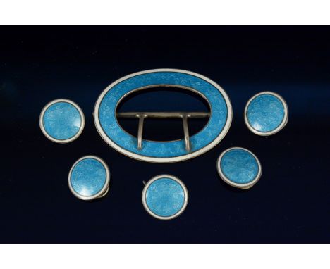 A silver buckle with blue and white enamel decoration, hallmarked Birmingham 1909 by Levi &amp; Salaman together with five si