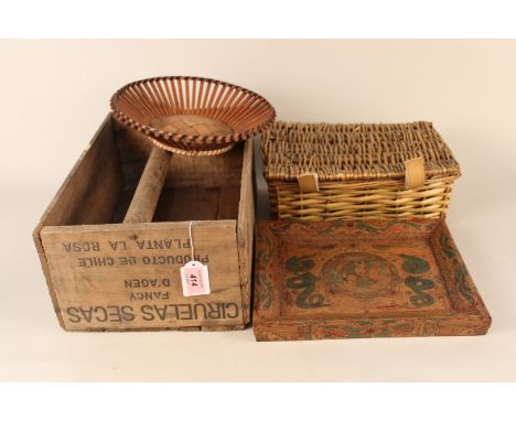 A vintage wooden carry crate plus a small wicker basket, a wooden dish and an Indian wooden plaque
