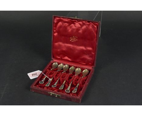 A harlequin set of six 950 grade silver enamelled spoons (some losses to enamel), boxed 