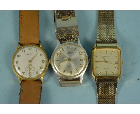 Three gent's vintage wristwatches to include Accurist, Ingersoll and Huguenin