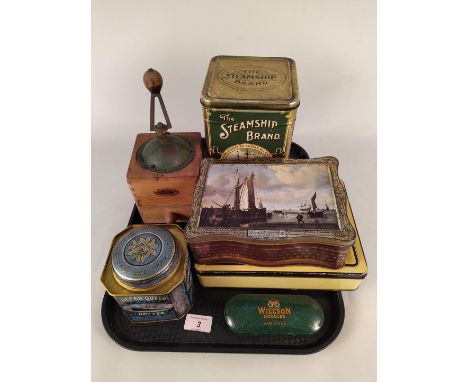 A selection of advertising tins plus an 'Odax' France coffee bean grinder