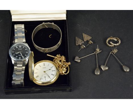 A mixed lot of silver jewellery and watches including a silver bangle, silver earrings, gold plated hunter on chain etc