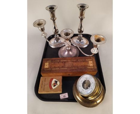 A pair of silver plate on copper candlesticks, three branch candelabra, vintage crib board with dominoes set plus a small bar