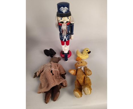 Two vintage composite dolls, two cloth clown soft toys, a jointed limb small Teddy plus one other, an early clockwork felt co