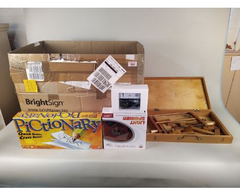 A large box of mixed box games (all clean boxes), including a vintage wood carpenters kit plus a remote controlled helicopter