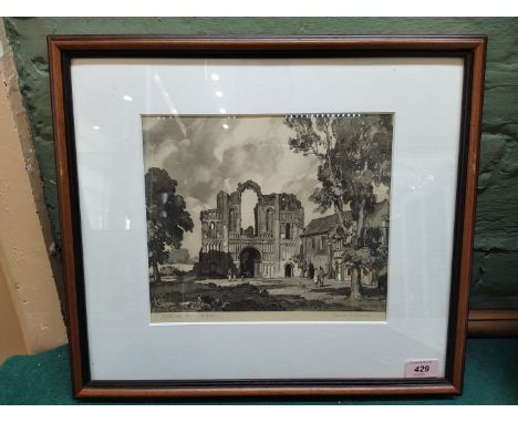 A framed print of Castle Acre Priory Norfolk, signed Leonard R Squirrell, date to print '46