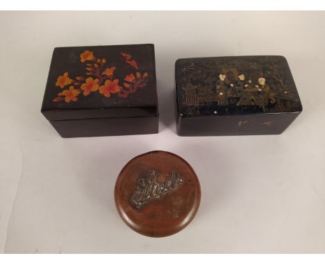 Three oriental decorated small boxes, a small tray, an oak cigar box plus a vintage copper studs box