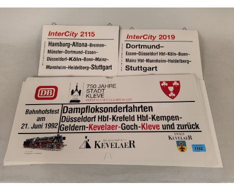 Six large and two small vintage German train related plastic signs, 61cm x 29cm plus a tin plate Konig Pilsener advertising s