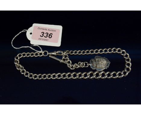 A heavy graduating silver watch chain with t-bar and dog clip, also a white metal fob