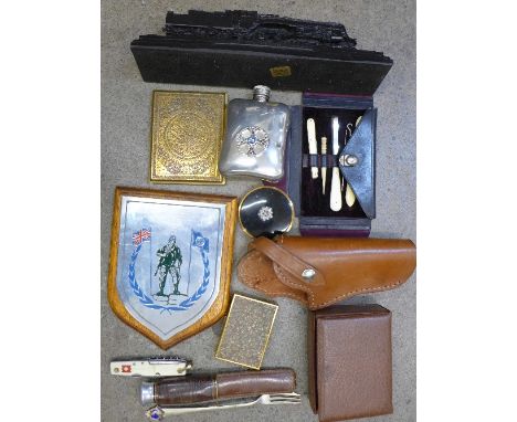 A musical compact, a German made table lighter marked Chronex 3000, boxed, a hip flask, a sewing set, cased, a cigarette case