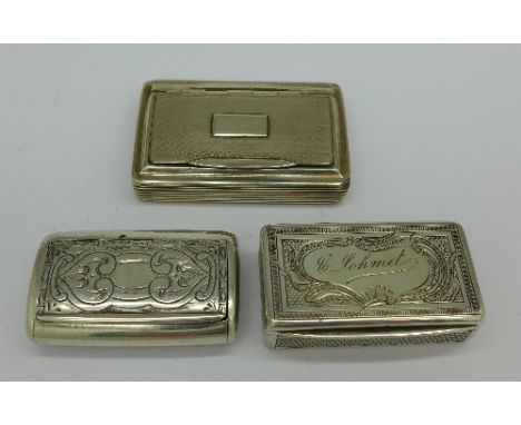 An .800 silver snuff box with gilt interior and inscription, a continental silver snuff box, with inscription and a Georgian 