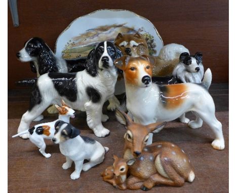 A Royal Doulton English bull terrier, a/f, a Coopercraft model of a dog, a Melba Ware dog, four other models of dogs, a model