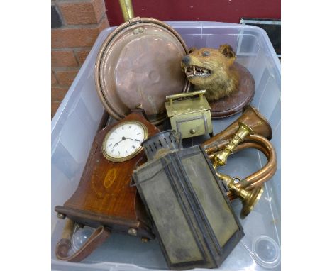 A clock, two crucifix, a pair of brass candlesticks, a riding crop, a brass scuttle, a lamp, a taxidermy fox's head, a/f, a b