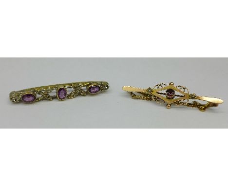 A 9ct gold and garnet brooch and an amethyst set brooch
