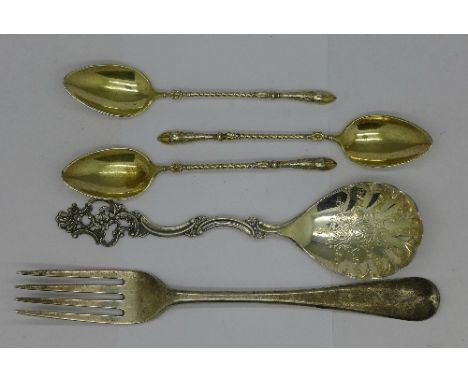 A Georgian silver fork, three 800 silver spoons and a silver spoon by Marthinsen, Norway, 99g