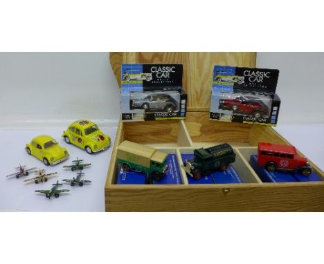 Assorted die-cast vehicles and planes including Corgi Bedford Bus, AEC Cabover, classic cars and five Tootsie model aeroplane