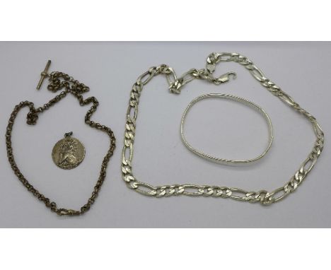 A silver chain, clasp a/f, a bangle, a silver medallion and a silver Albert style chain, 77.9g