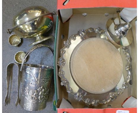 Plated items including a Danish embossed bucket and tongs, table lighter, cast tray, etc.