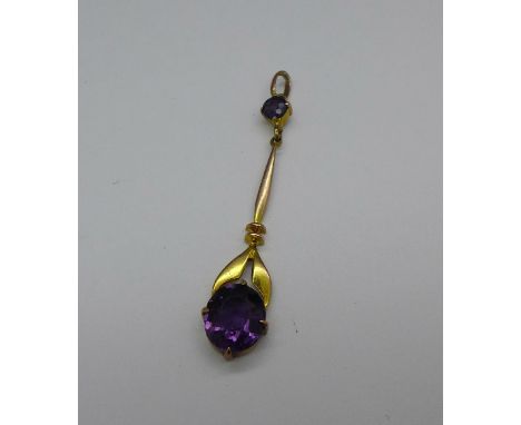A 9ct gold and amethyst pendant, 2g, 5cm