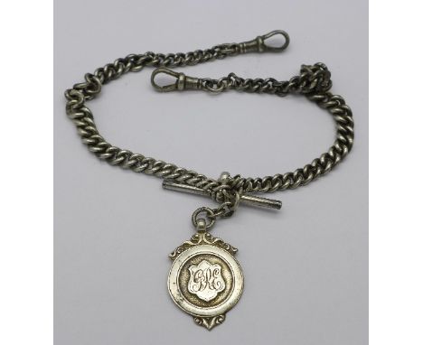 A silver double Albert watch chain and a silver fob, 40.7g