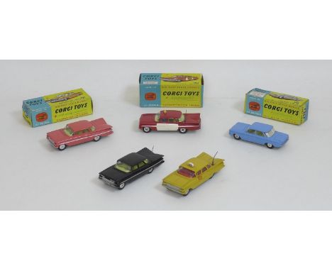 A group of five vintage Corgi model cars, comprising a Chevrolent Impala, model 220, boxed, a Chevrolet Fire Chief, model 439