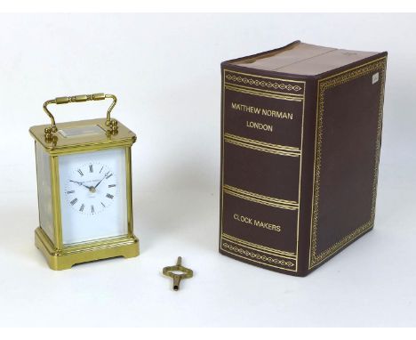 A 20th century carriage clock by Matthew Norman, the white dial with black Roman numerals and minute track, signed Matthew No