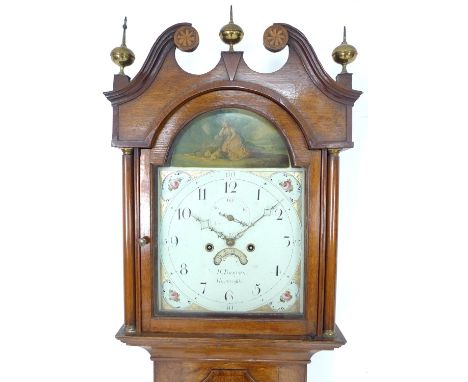 A late George III oak longcase clock by H Bunyan, Horncastle, the break arch dial painted with a shepherdess, dial bearing Ar