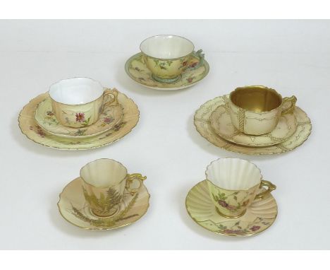 A group of Royal Worcester blush ivory tea cup sets, all with moulded decoration, comprising a trio pattern W6575, dated 1906
