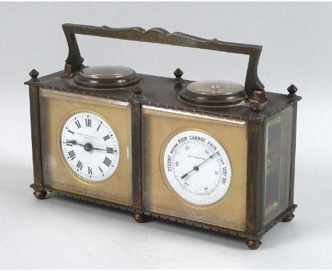 An Edwardian brass cased carriage clock compendium, with barometer and compass, by Curtis and Horspool, Leicester, with shape