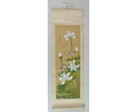 A group of Chinese embroideries and scrolls, comprising a scroll painting 'Flowers &amp; Bird', by Siu Ching Mau, Hong Kong, 