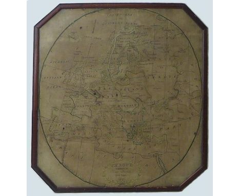 A Regency period embroidered map of Europe, embroidered on silk by Mary Petchell, York School, 1812, 59 by 54cm, glazed and i