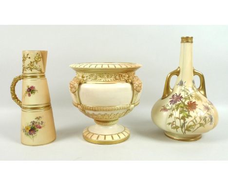 A group of three pieces of Edwardian Royal Worcester blush ivory porcelain, comprising a vase of garlic bulb form with twin h