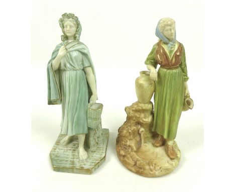 Two Royal Worcester porcelain figurines, the first modelled as an Irish girl, circa 1901, wearing a shawl and bonnet, carryin