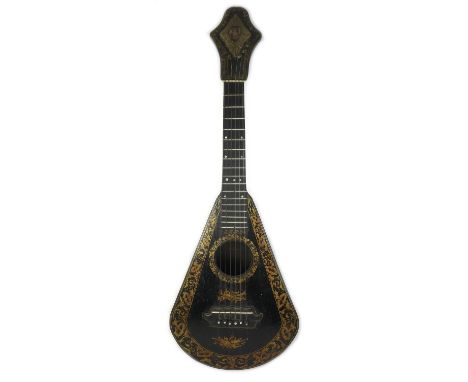 A Regency style 19th century guitar lute, made by the (Dublin) Society of Arts, the bell shaped ebonised form with gilded dec