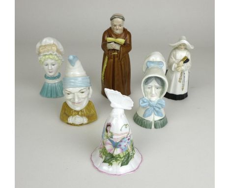 A group of six Royal Worcester candle snuffers comprising Monk, Nun, Mob Cap inspired by Kate Greenaway, Old Woman and Enchan