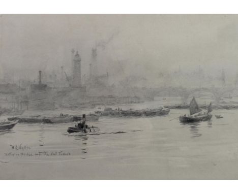 William Lionel Wyllie RA, RE, RI (British, 1851-1931): 'Waterloo Bridge and the Shot Towers', with tug and smack to the fore,