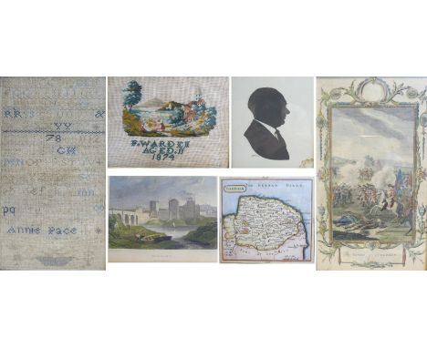 A selection of prints and needlepoint samplers including an early to mid 19th century needlepoint sampler by Annie Pace, a ne