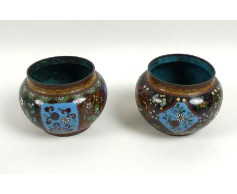 A pair of Chinese cloisonne enamel squat vases, 19th century, unmarked, each 9.5 by 7cm. (2) 