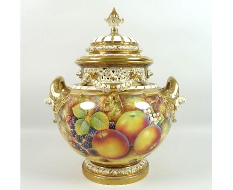 A modern Royal Worcester twin handled ‘bow’ vase and cover, with applied twin handles, swags and pierced collar, decorated wi