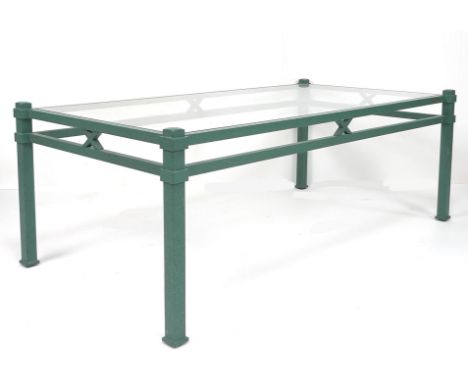 A Pierre Vandel Paris matte green aluminium framed coffee table, circa 1970, with rectangular glass surface, applied maker's 