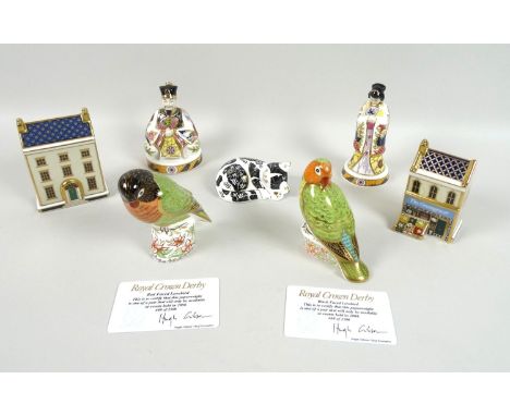 A group of Royal Crown Derby paperweights, comprising Black Faced Love Bird, limited edition 608/2500, MMVIII, gold stopper, 
