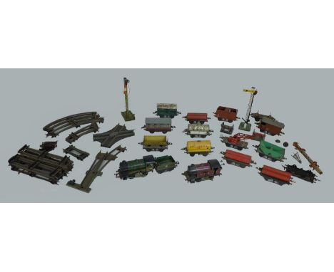 A collection of vintage Hornby by Meccano, including a Hornby type 51 British Railways green locomotive No. 50153, with key a